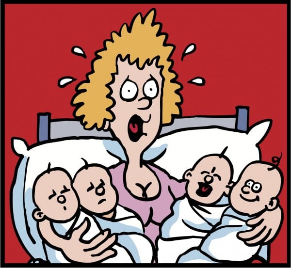 cartoon of pregnant woman with quadruplets