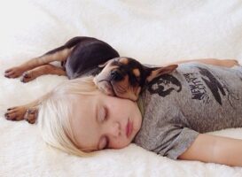 baby with a puppy napping