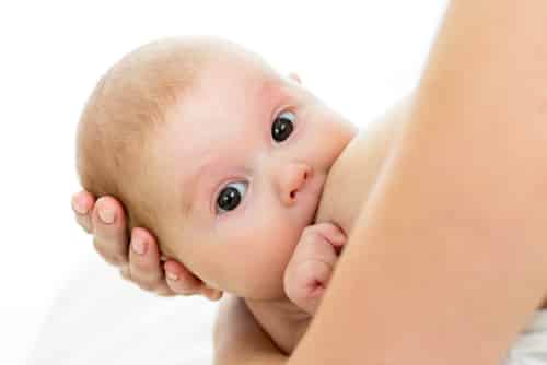 breastfeeding baby looking at camera