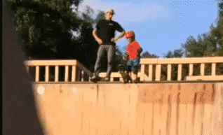 skater dad kicks son down skate ramp