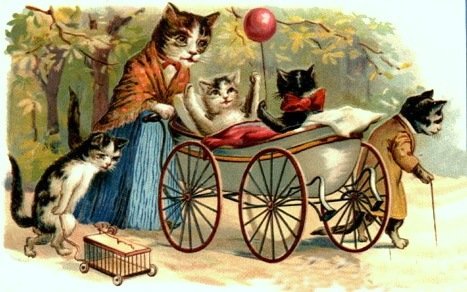 vintage-cat-art-mother-cat-with-kittens-dressed-with-baby-carriage
