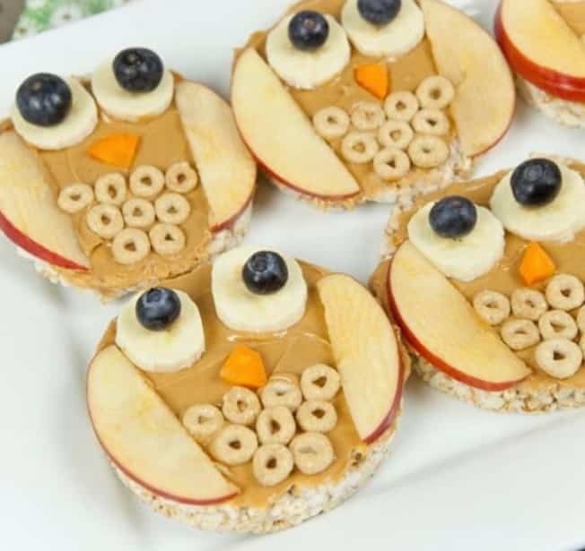 Pinterest Worthy Kids School Snacks Ideas Owl and Fruit Rice Cakes