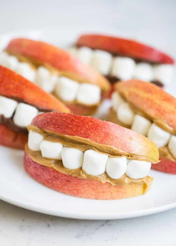 Pinterest Worthy Kids School Snacks Ideas Apple Marshmallow Peanut Butter Mouths